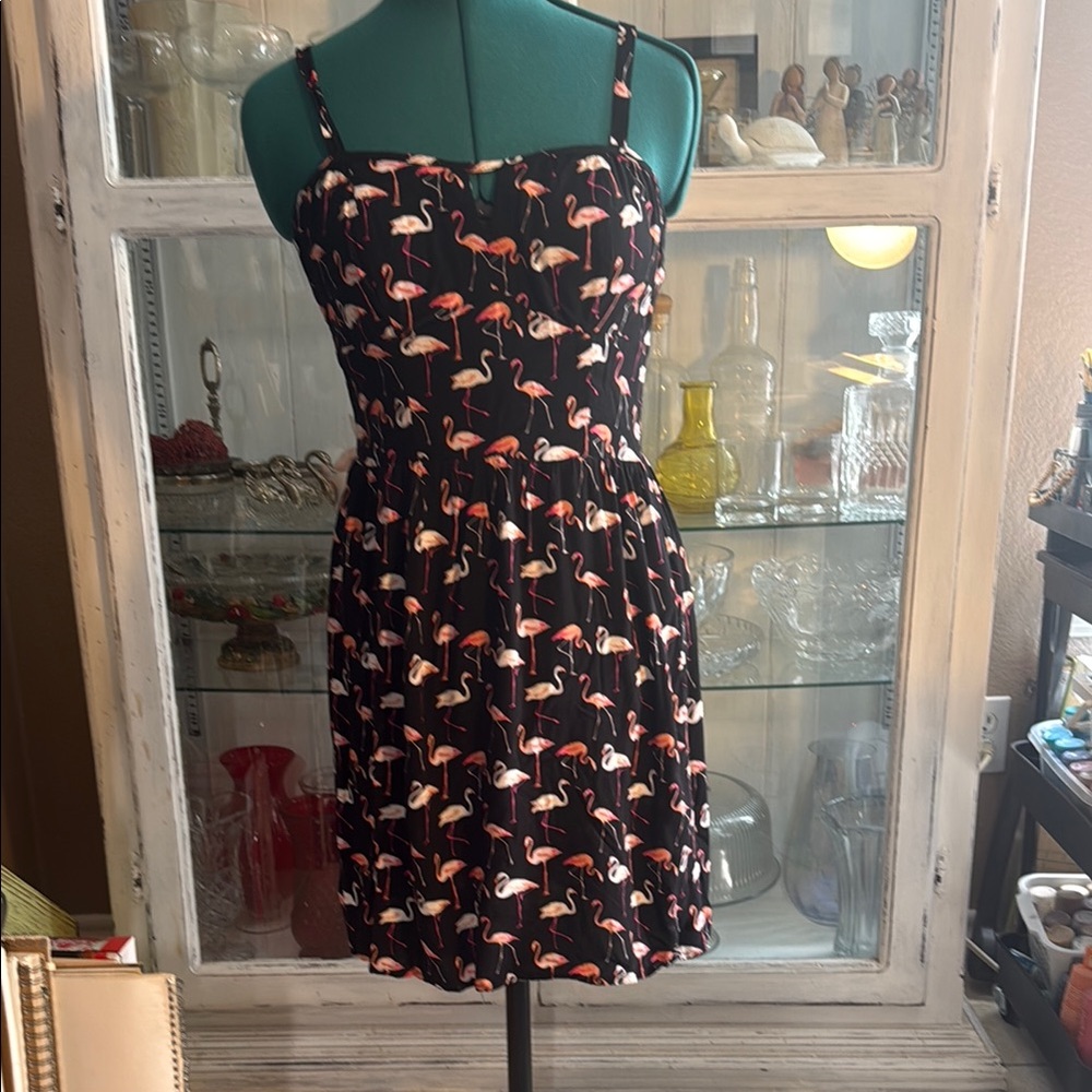 Flamingo Print Black Dress